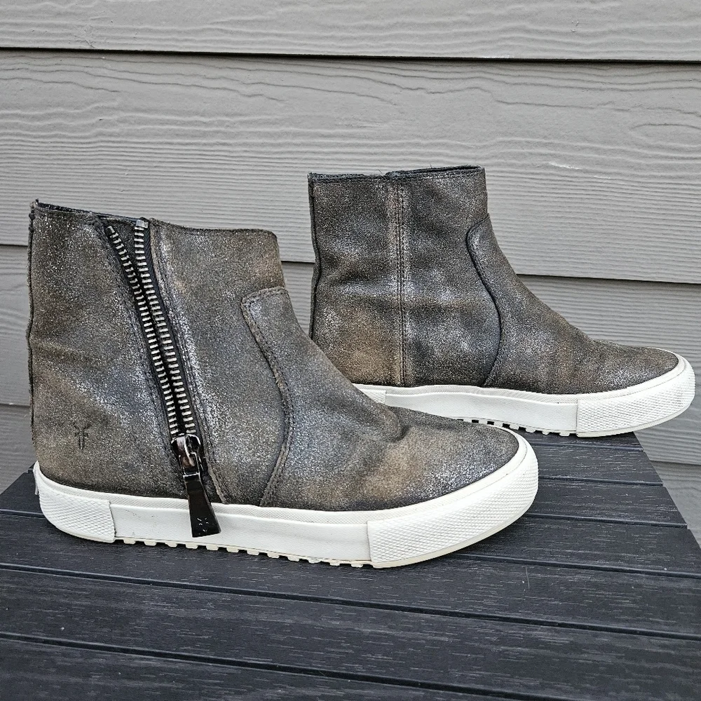 Frye Gia Side Zip Leather High Top Sneakers Silver Bronze Gold Metallic Size 8